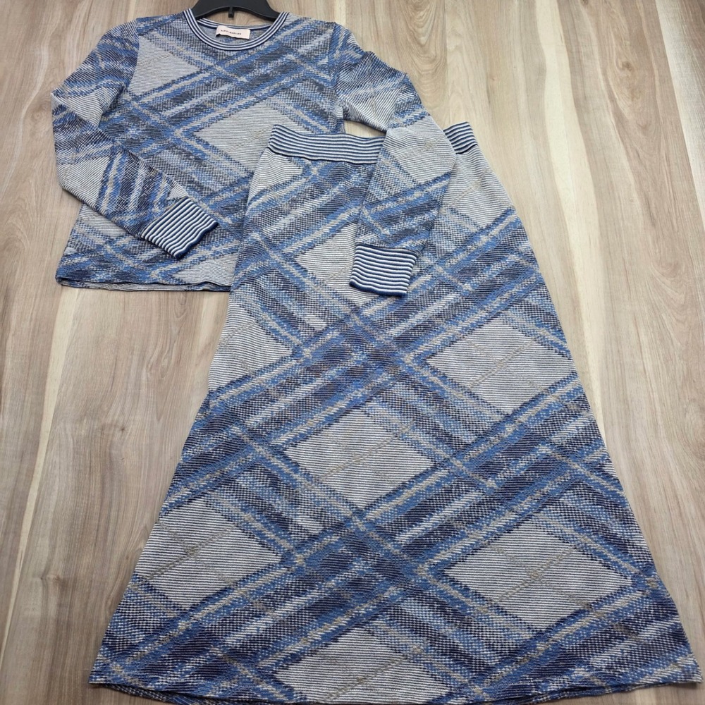 Aldo Martins Anthropologie Knit Set Sweater Skirt 2 Pc Plaid Blue Tan XS Spain